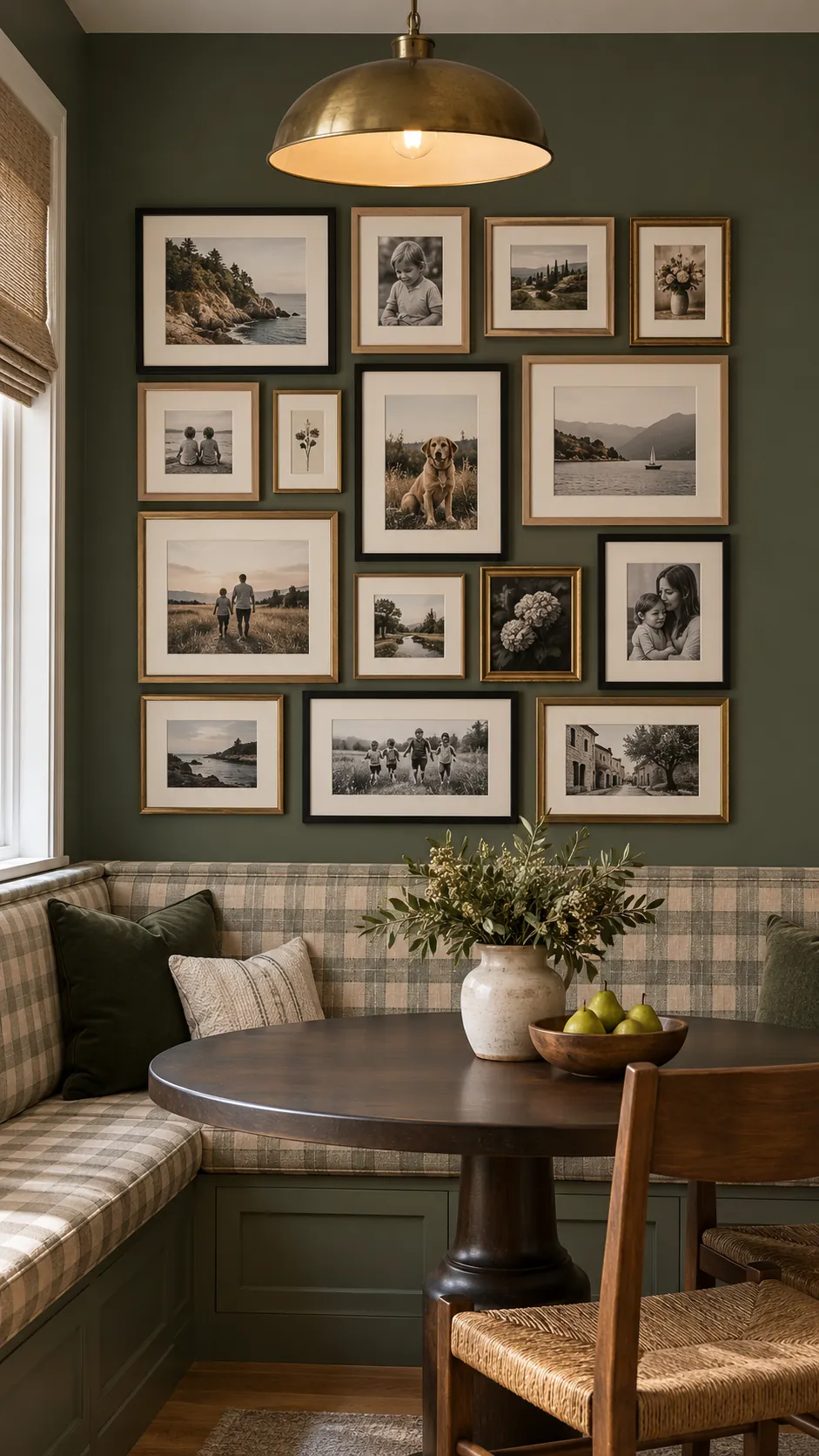 Compact rectangular family photo arrangement with mixed frames