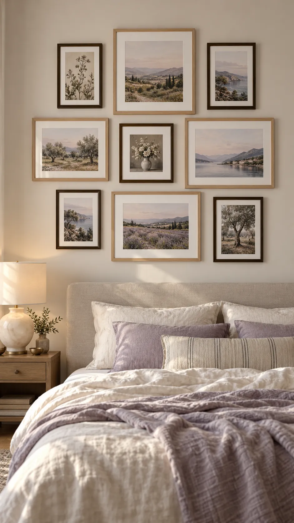 Mixed orientation gallery wall organized by central alignment lines