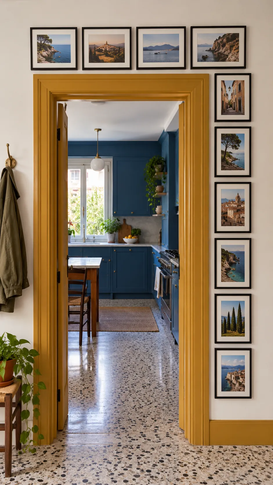 Photo wall wrapping around a doorway with mixed orientation frames