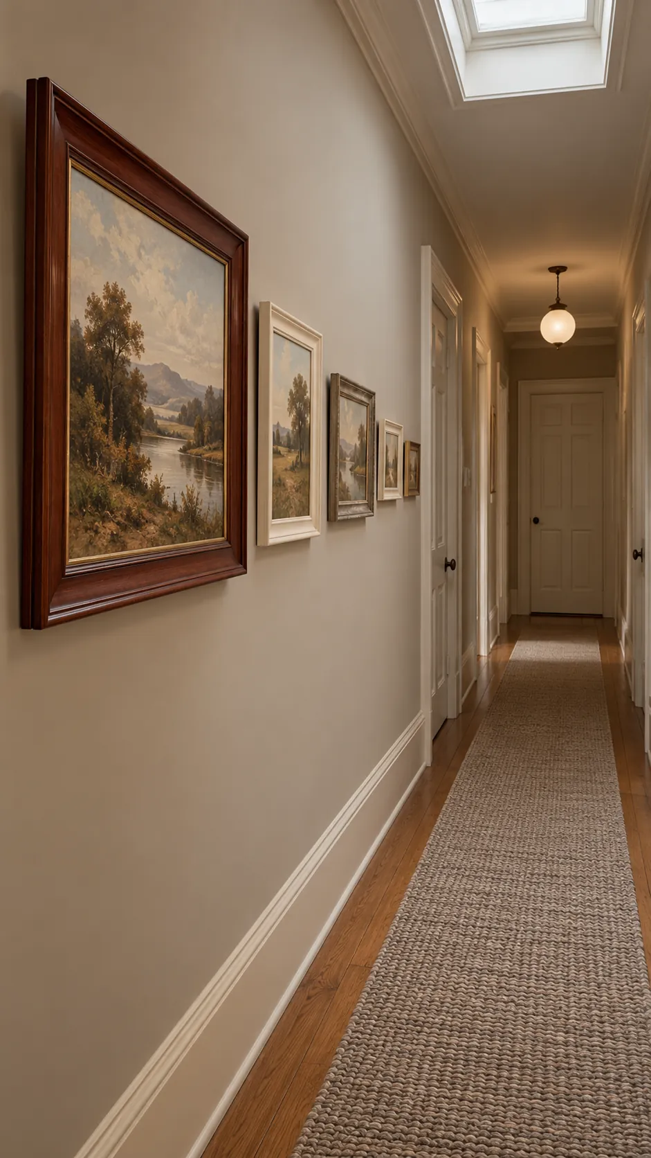 Gallery wall with frame sizes descending from a large anchor