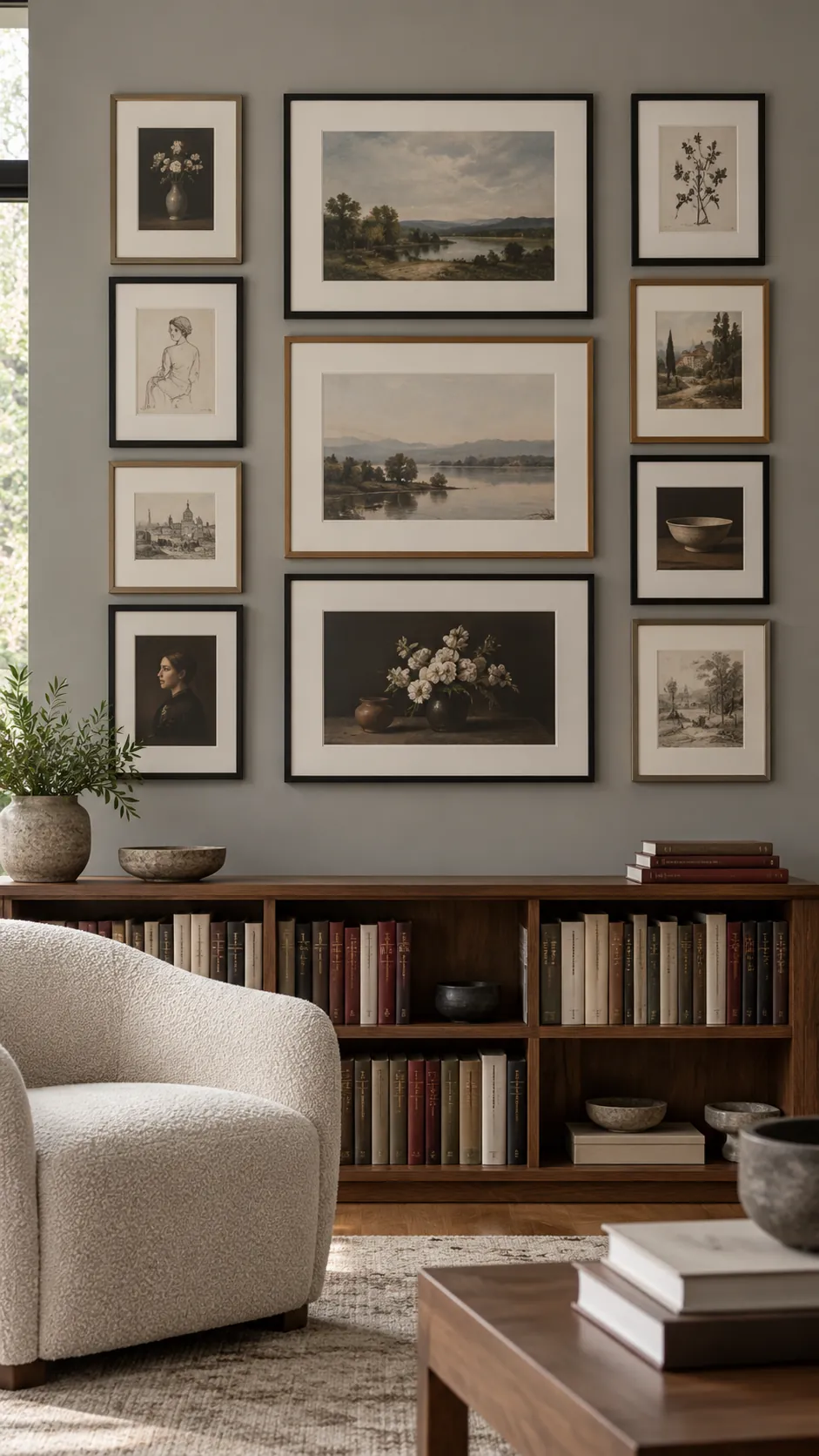 Three column gallery wall with mixed portrait and landscape frames