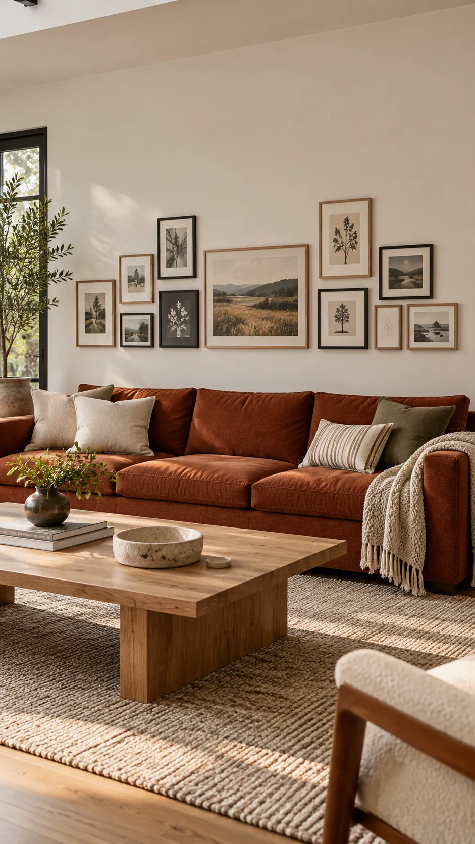 Low horizontal gallery wall arranged above living room furniture