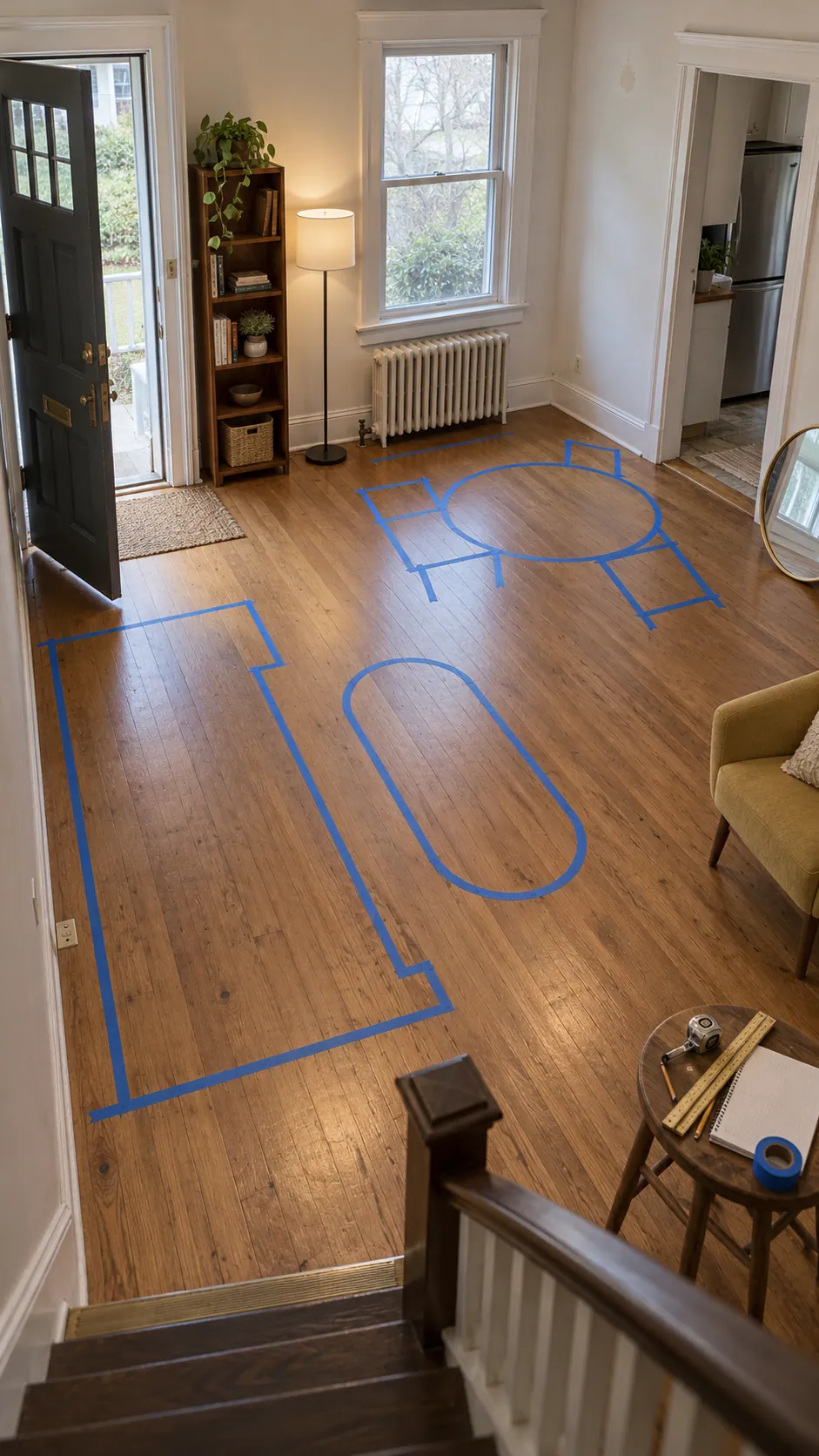 Measured small house living room with clear furniture footprints