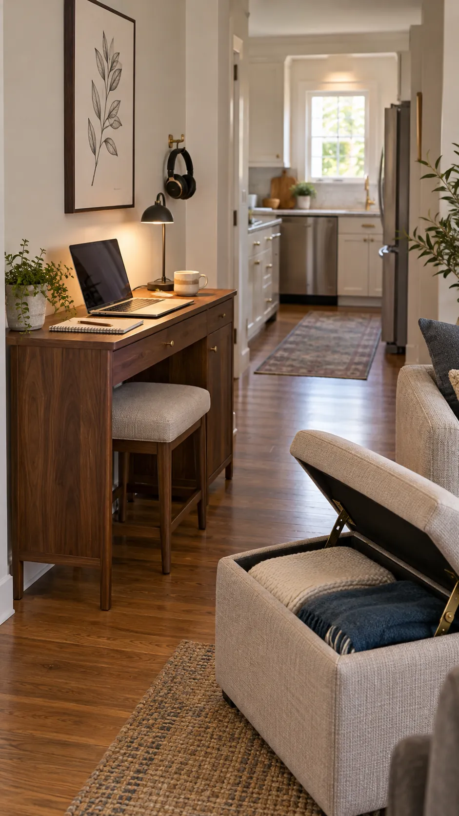 Slim console desk and storage ottoman in a compact home