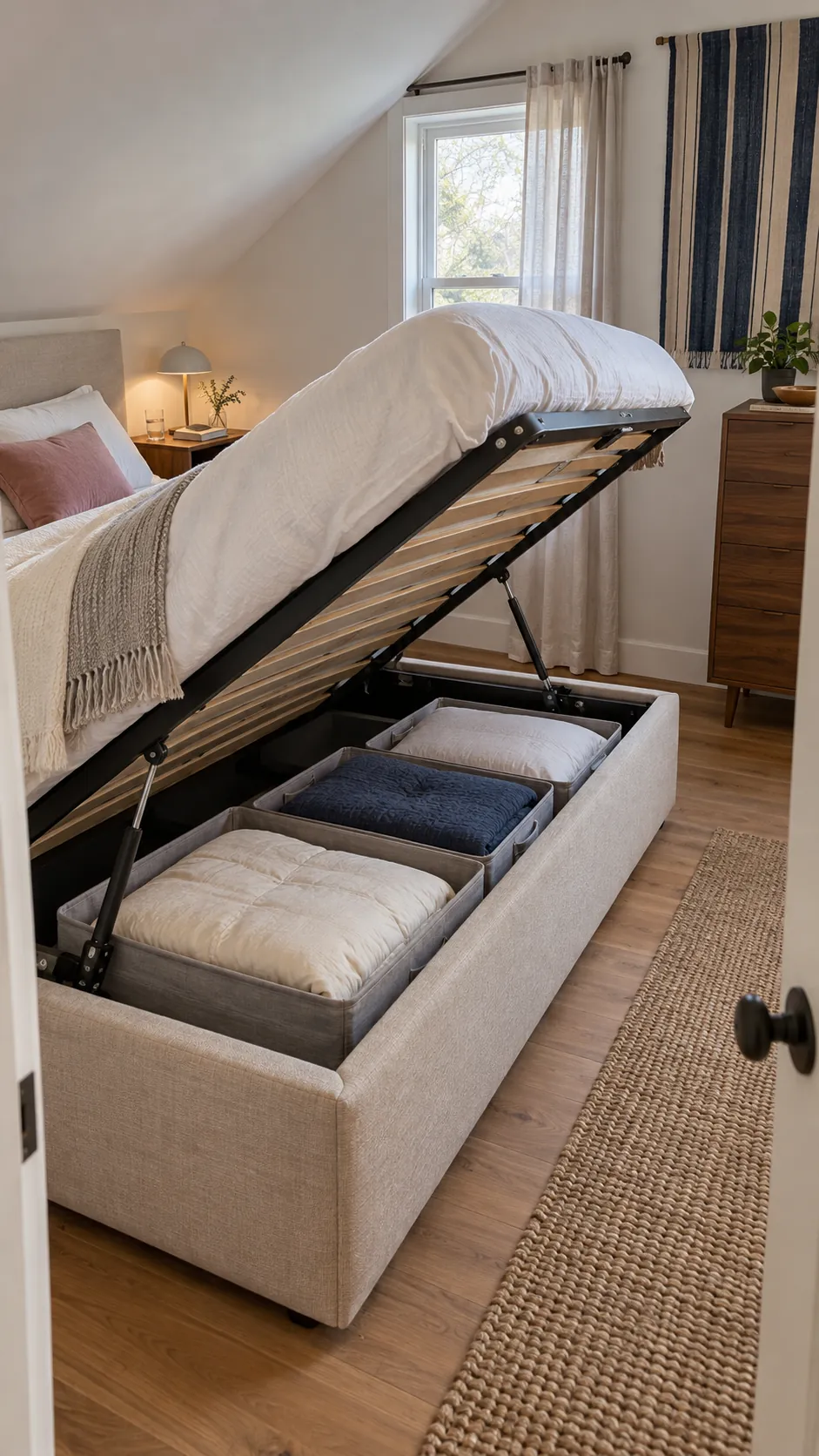 Small bedroom with a practical lift storage bed