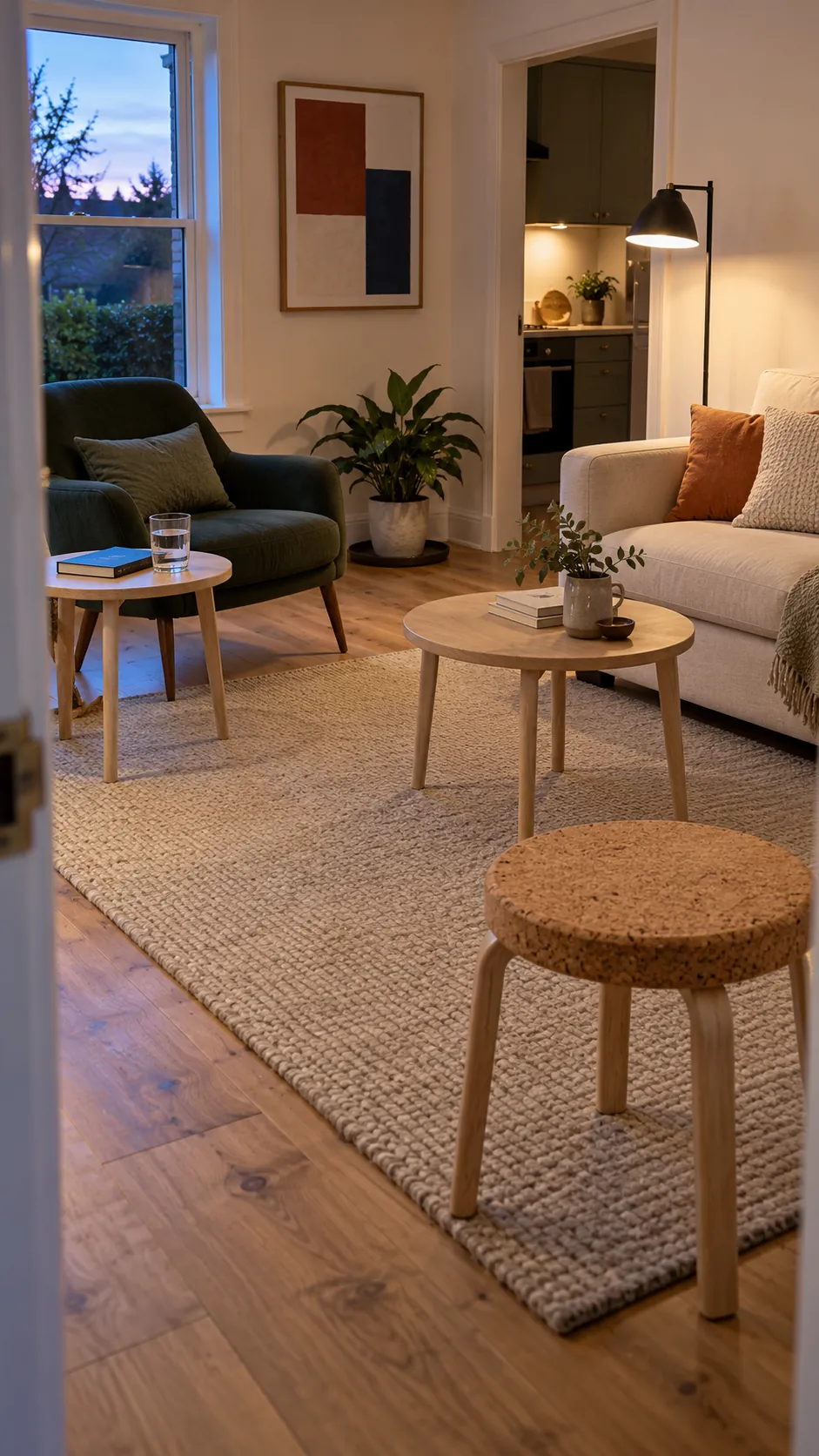 Nesting tables and a lightweight stool in a small living room