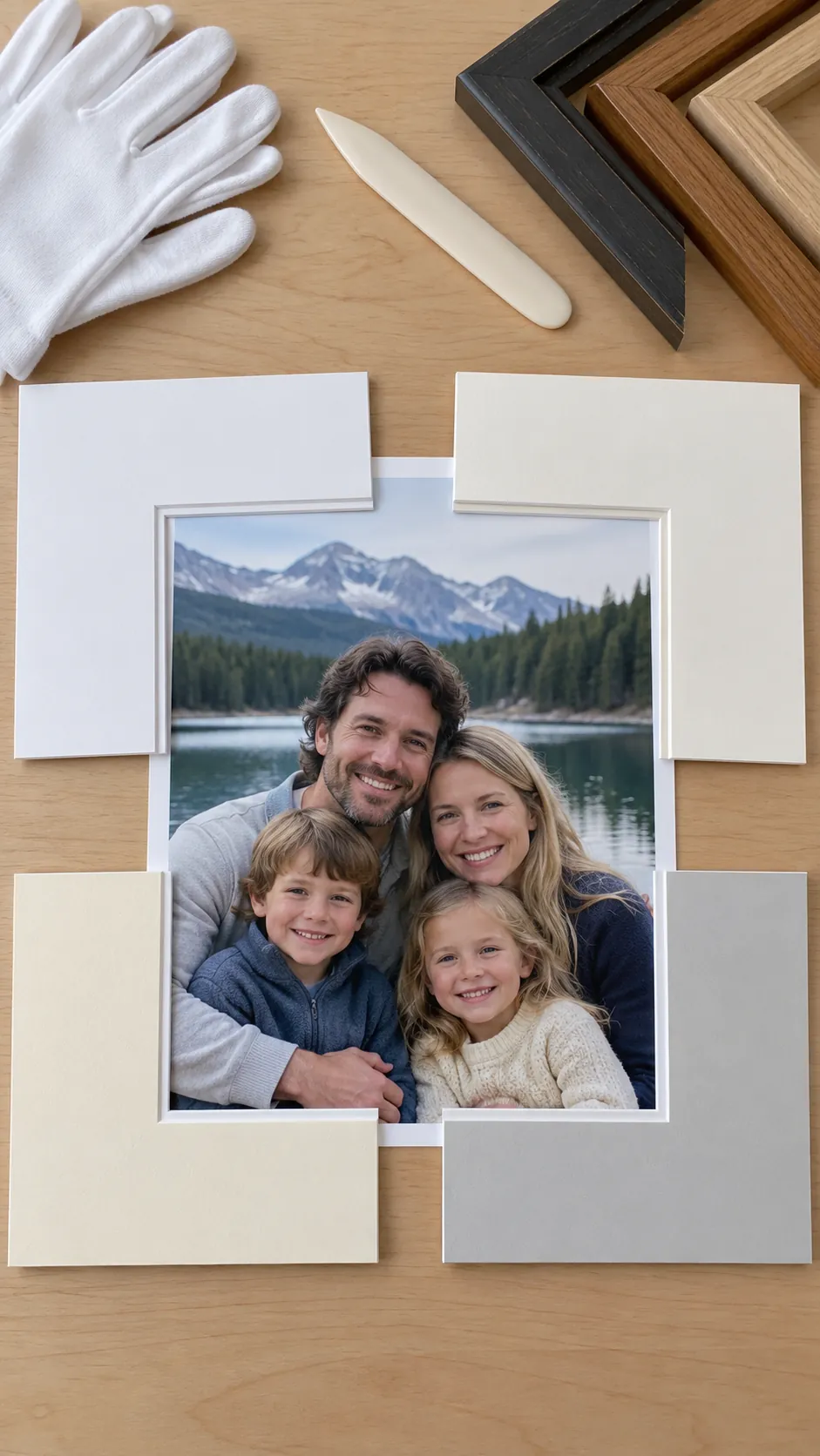 Family photograph compared with white cream and gray mat samples