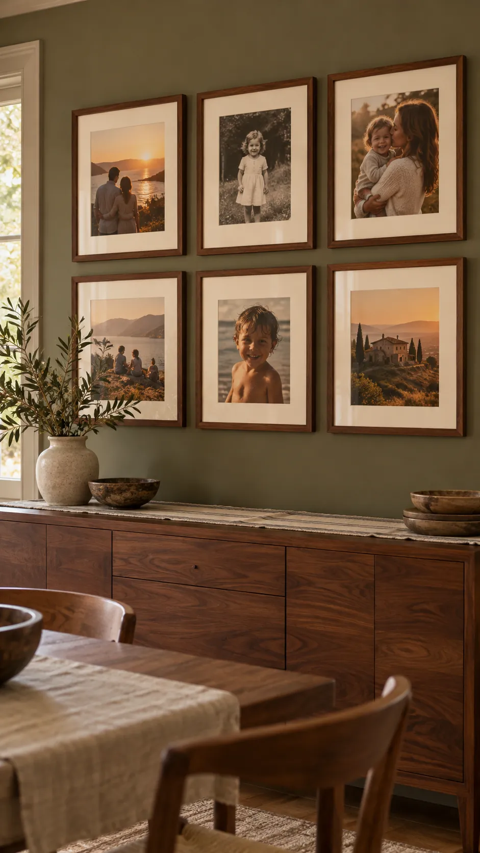 Warm family photographs displayed with soft cream picture mats