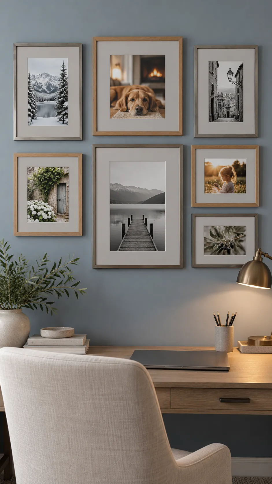 Mixed color family photographs unified with soft gray mats