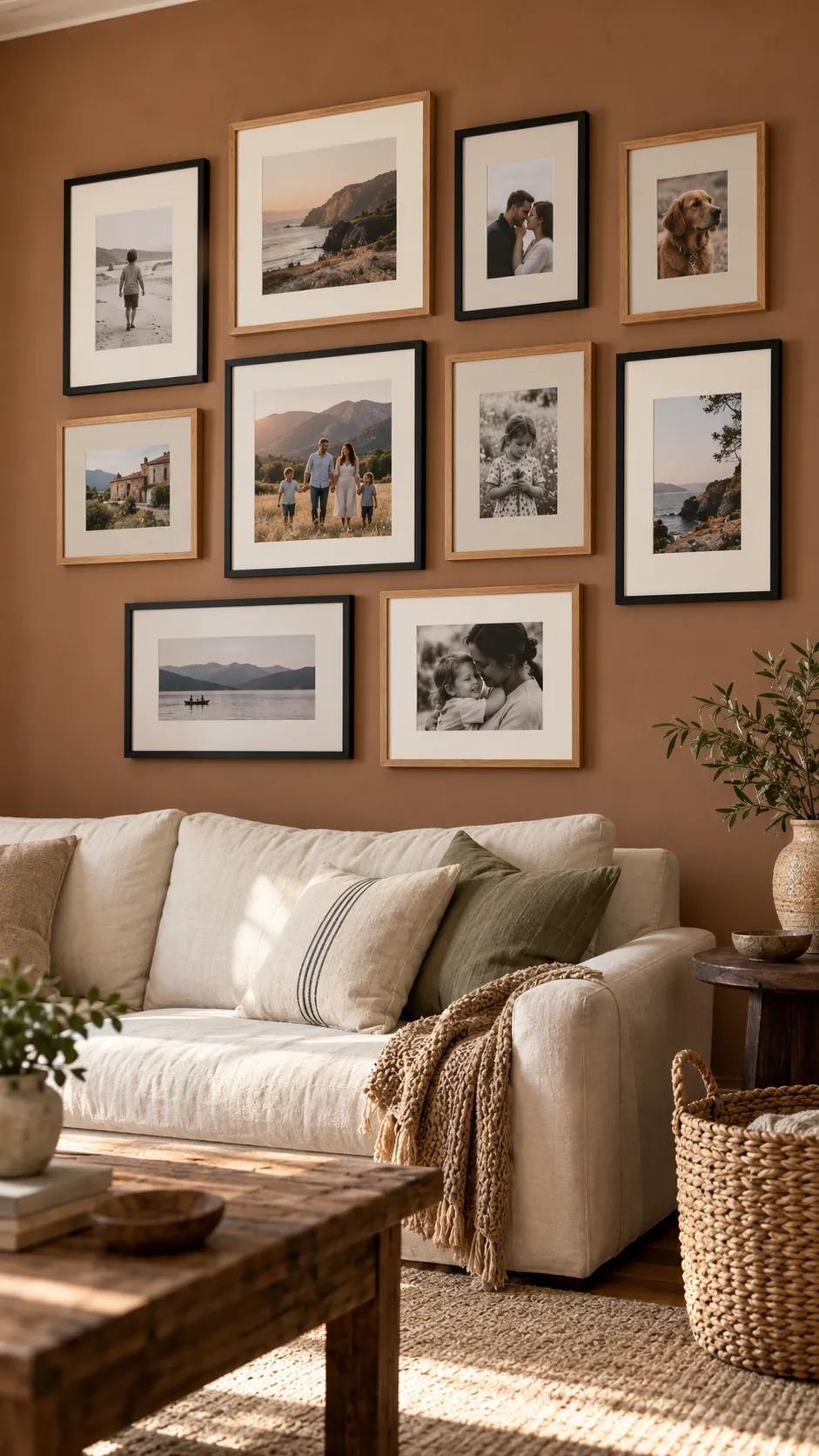 Family gallery wall coordinated with two related neutral mat colors