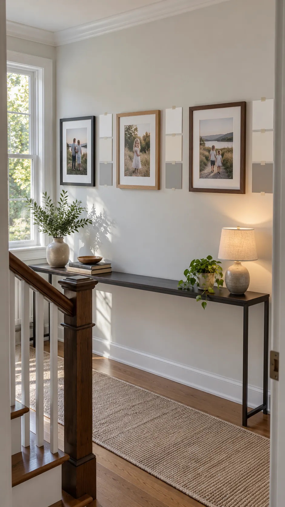Photo mat samples tested beside framed pictures in natural room light