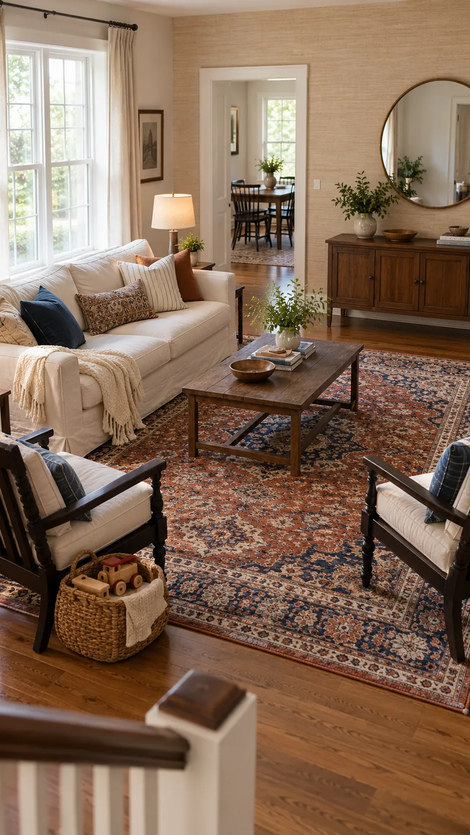 use washable rugs with real pattern in a practical family living room