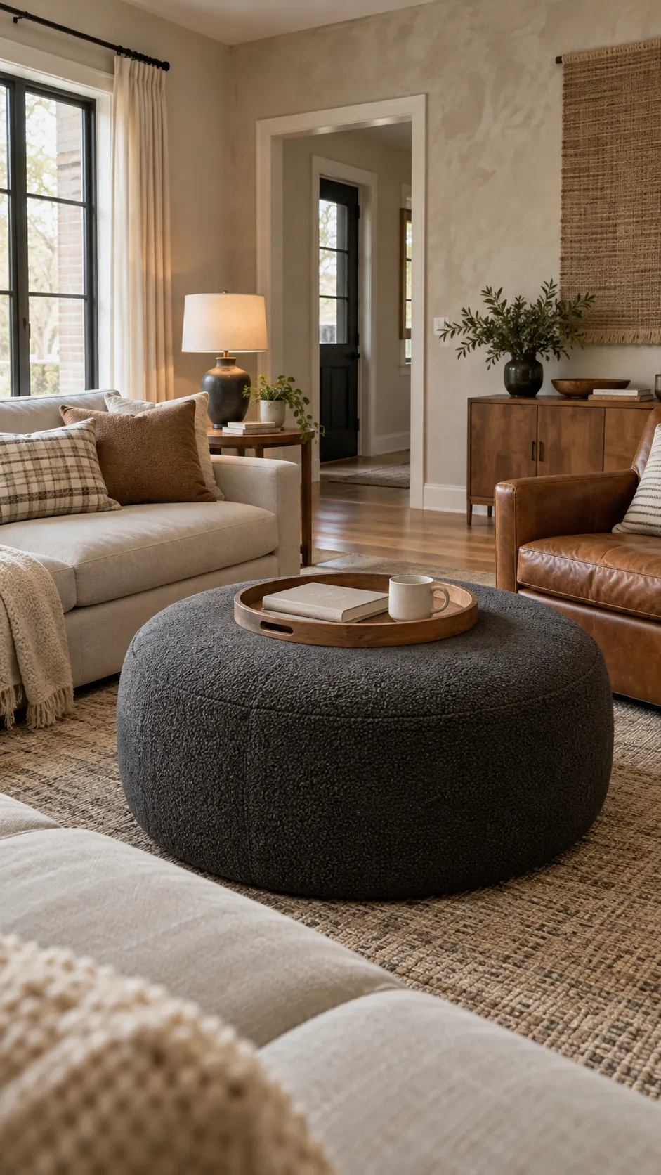 add a soft ottoman instead of sharp corners in a practical family living room