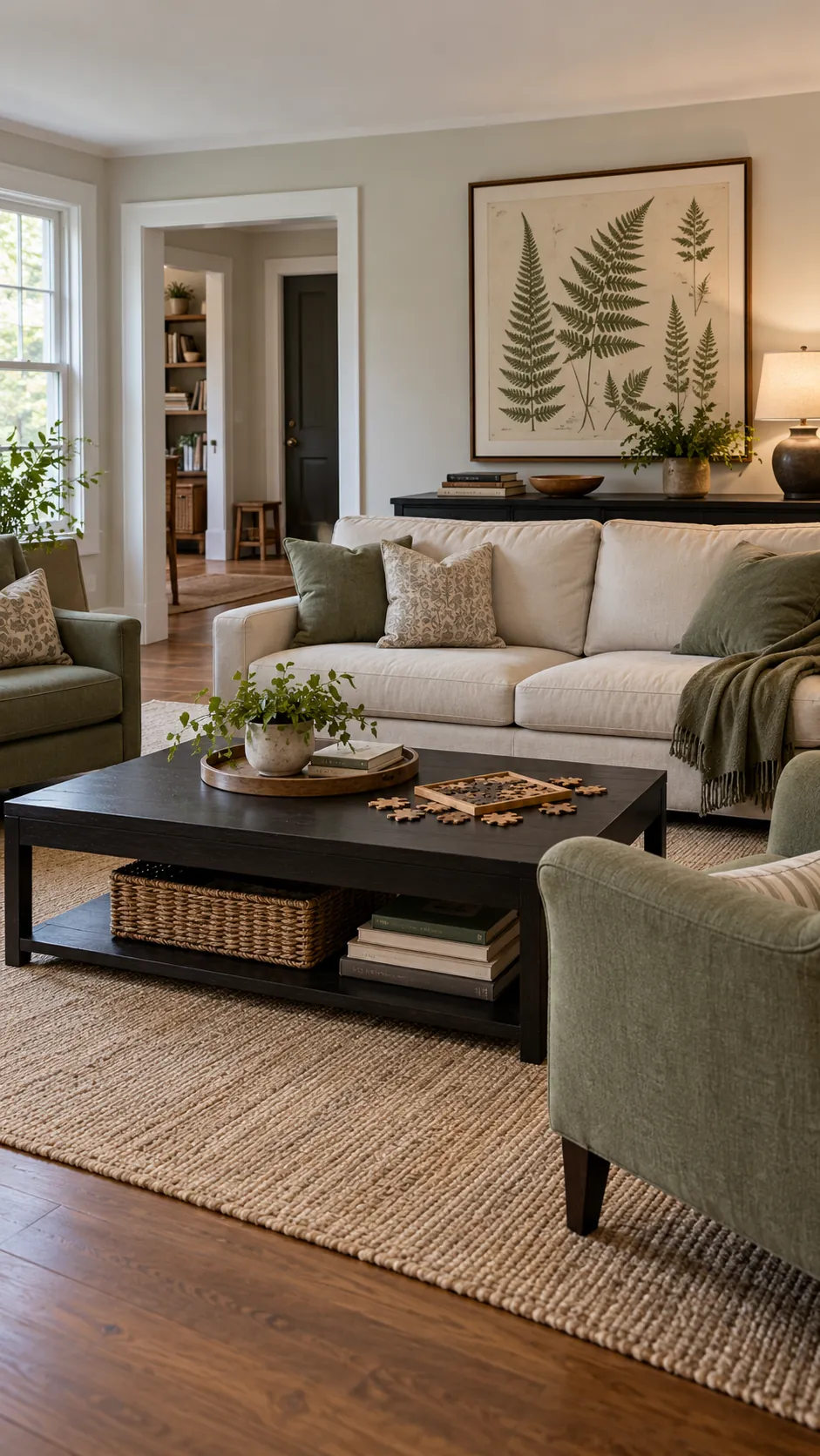 mount art at a shared eye line in a practical family living room