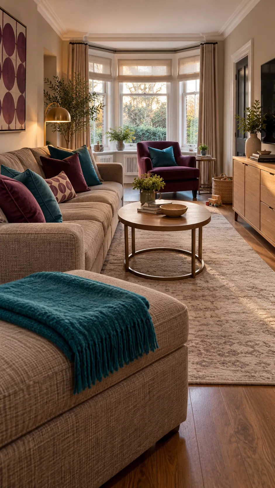 layer adult color over practical pieces in a practical family living room