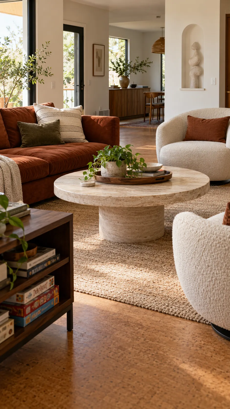 choose rounded tables that still feel substantial in a practical family living room