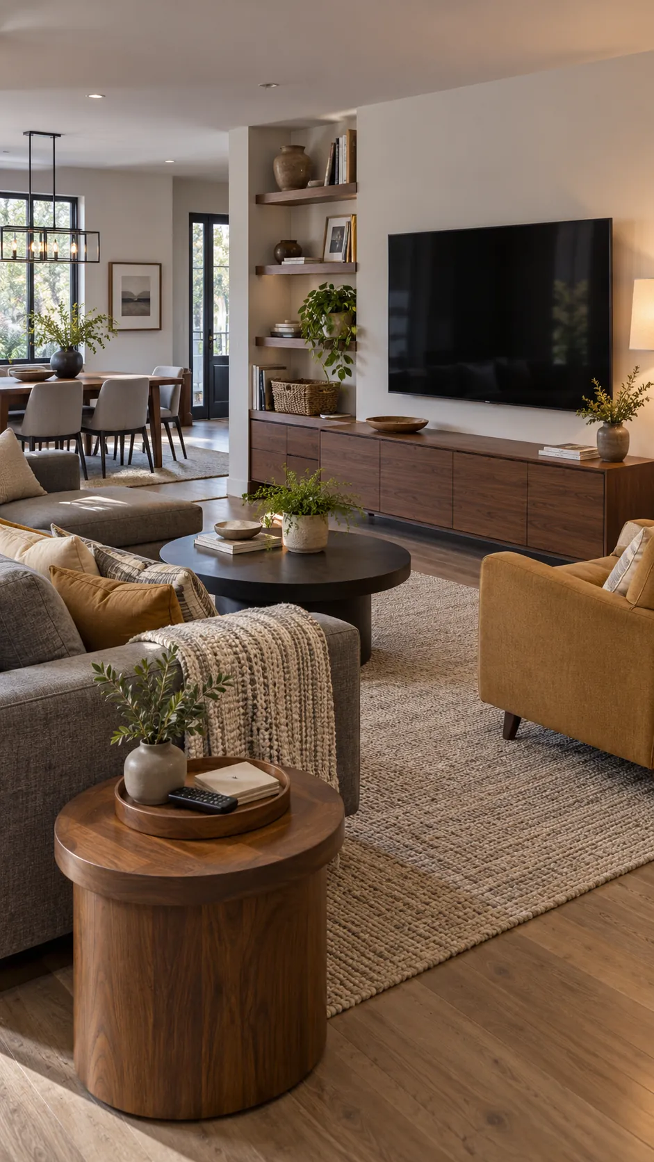 make the media wall quiet in a practical family living room