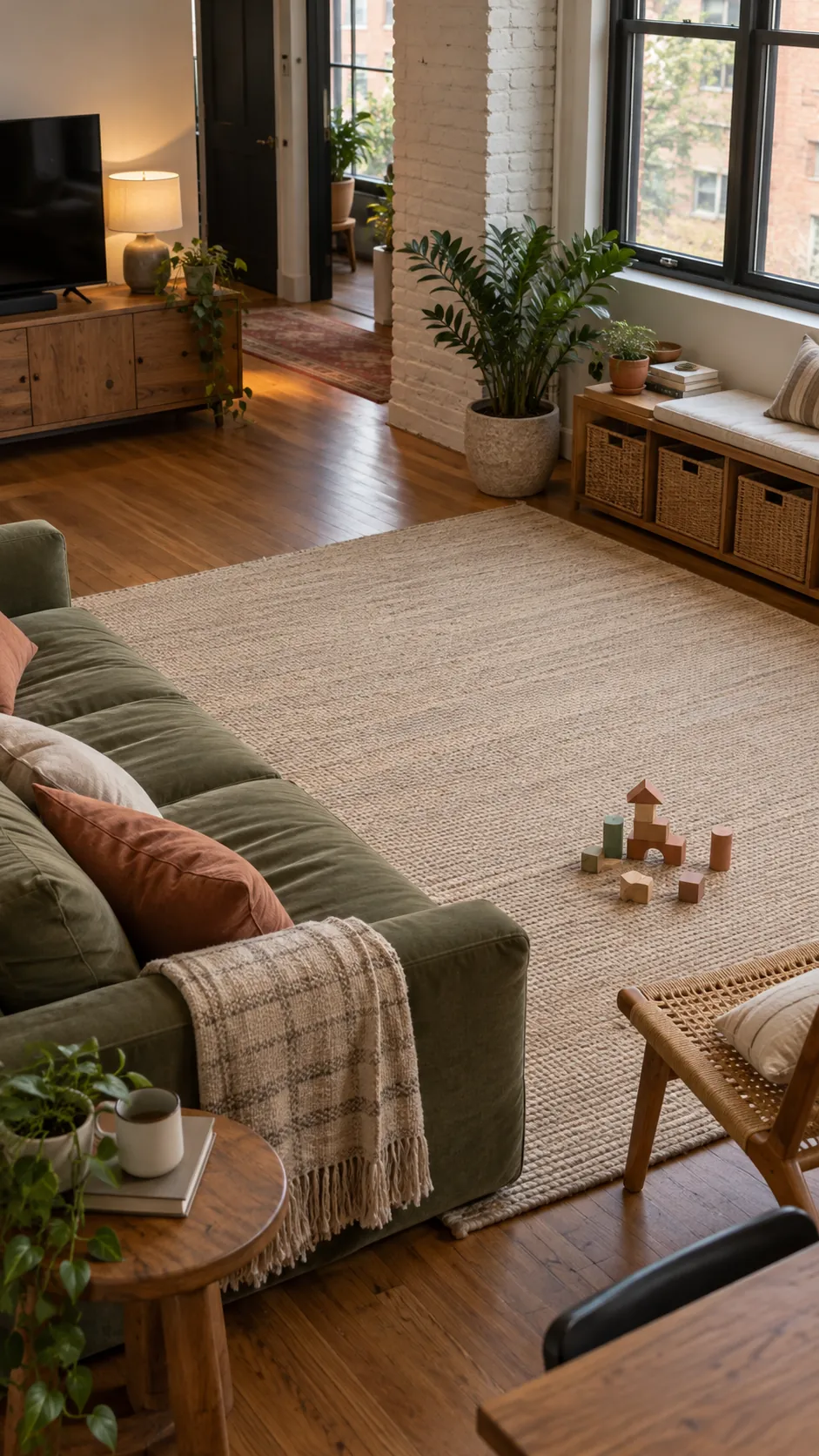 keep a clear floor zone for play in a practical family living room
