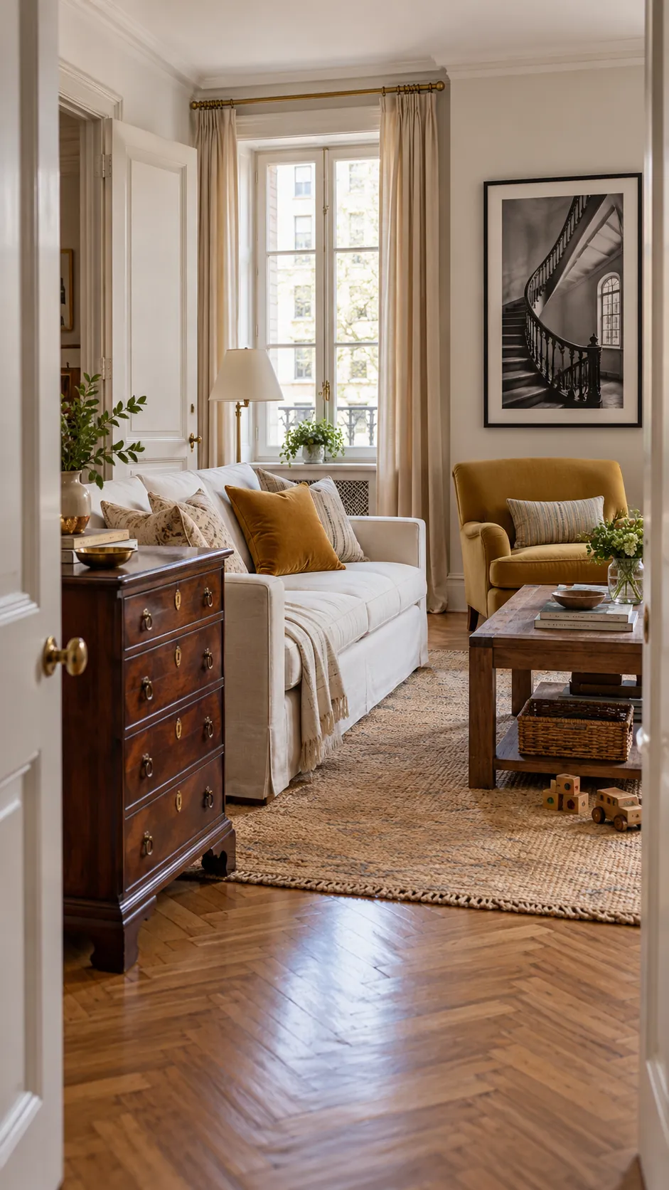 mix vintage wood with new upholstery in a practical family living room