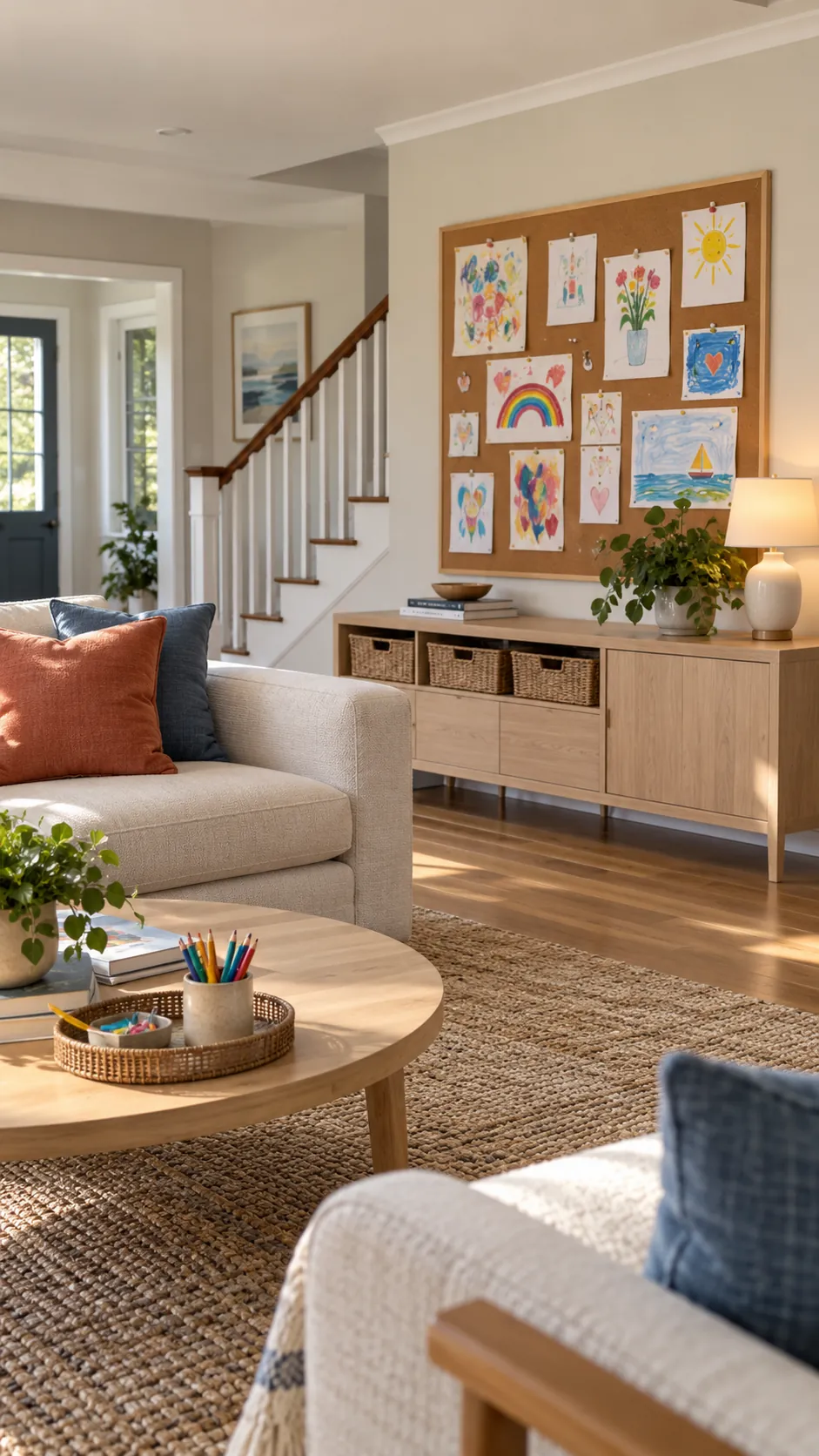 display children’s work in one deliberate place in a practical family living room