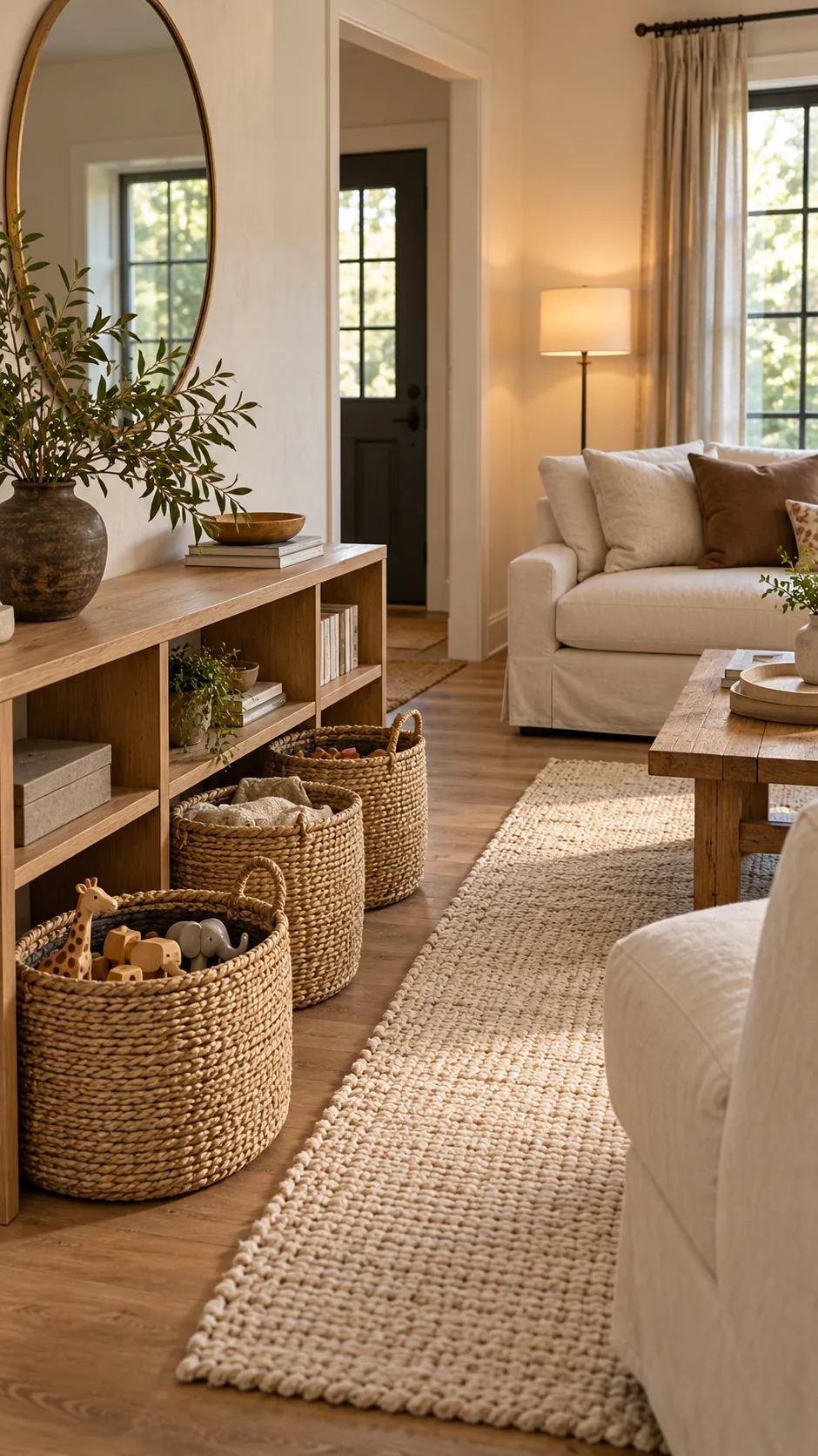 use baskets in matching materials in a practical family living room
