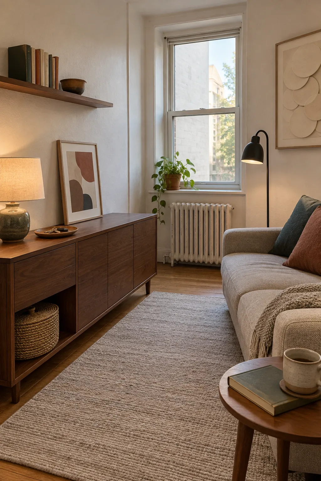 Small room with calm surfaces and concealed everyday storage