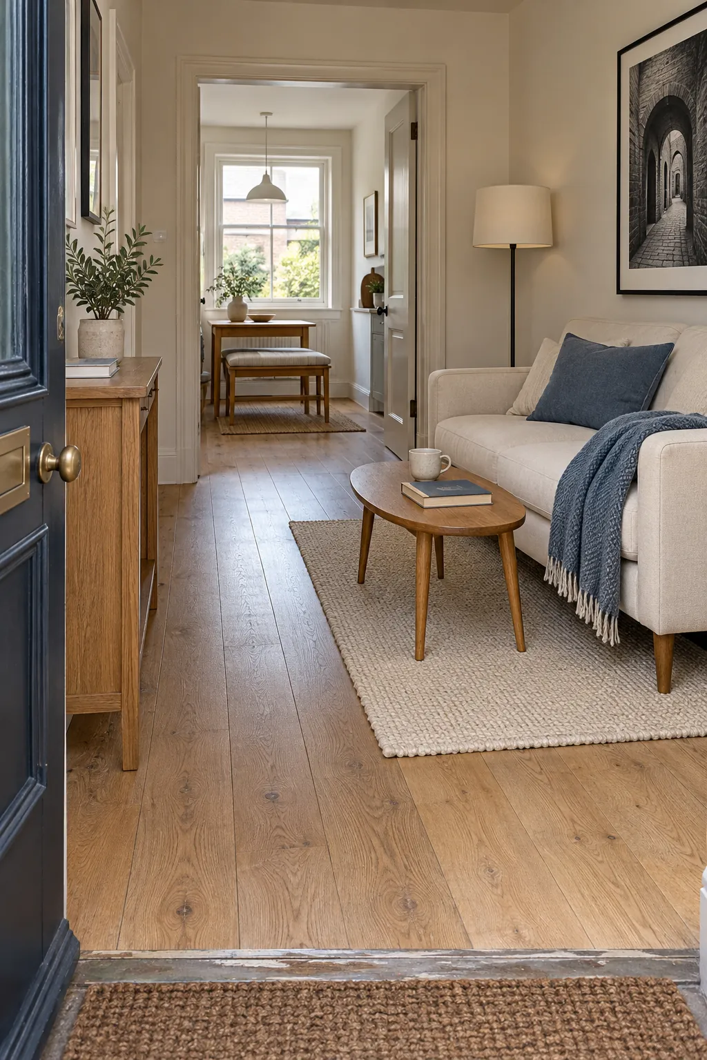 Clear sightline through a small living room toward a bright window