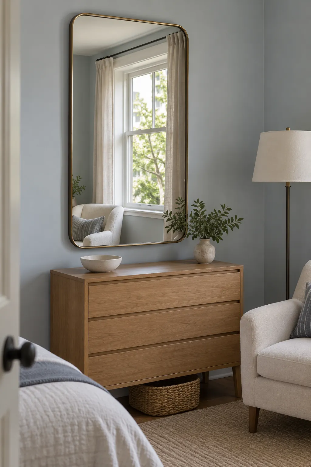 Large mirror reflecting a bright window in a small room