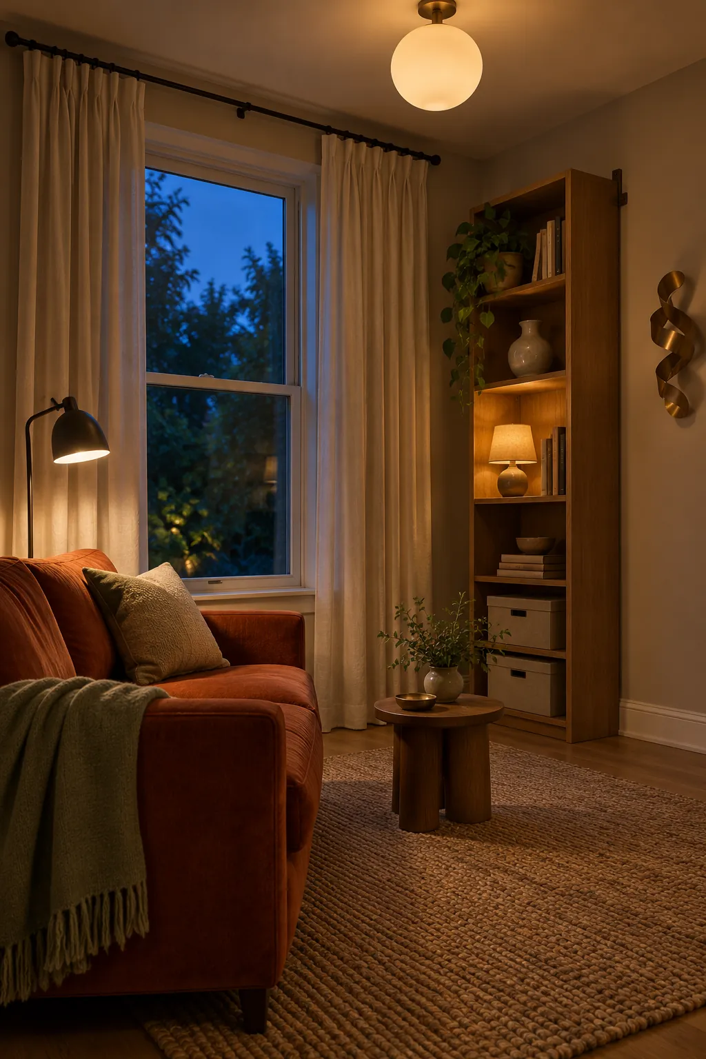 Small living room with layered lighting and high curtains