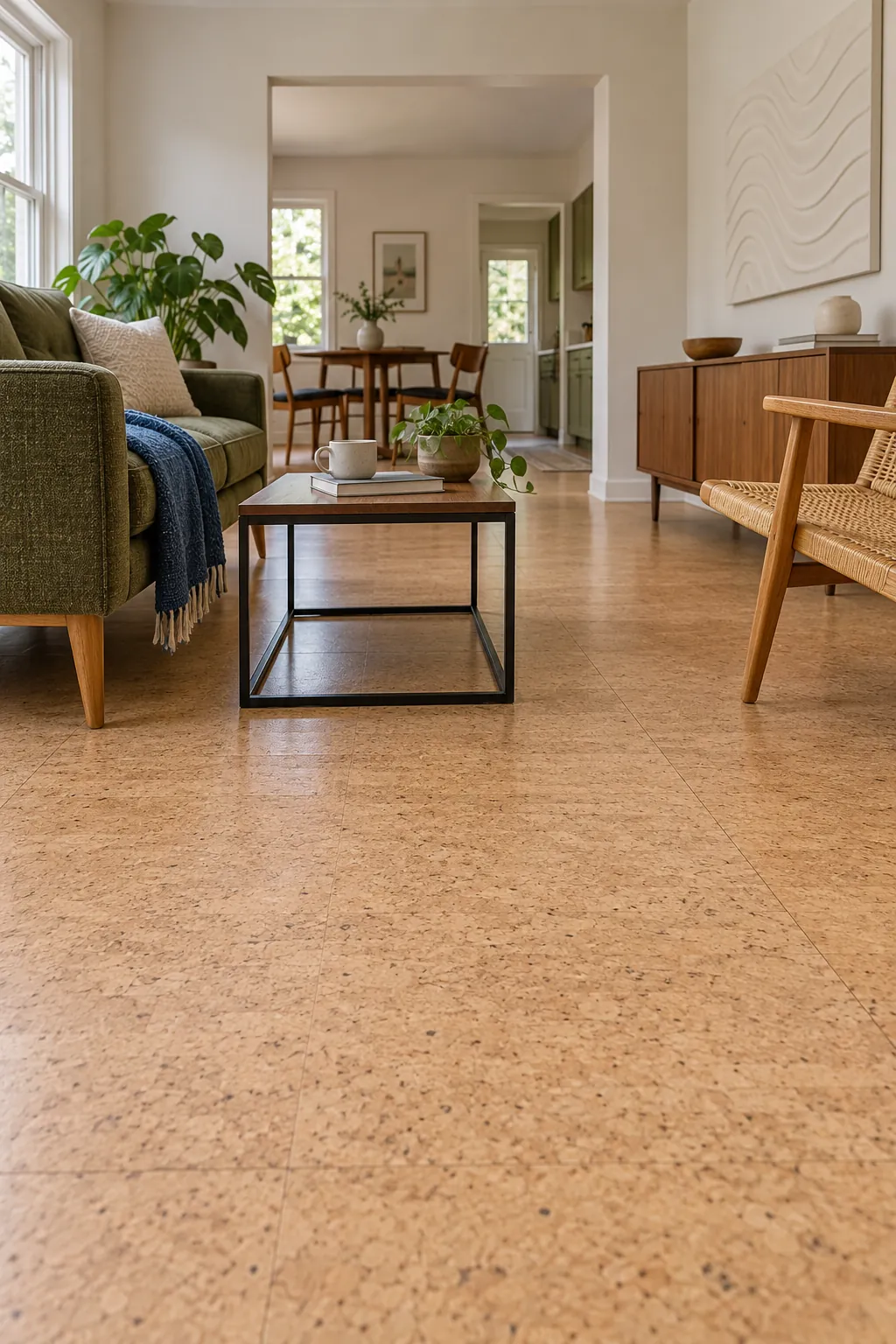 Open leg furniture revealing continuous flooring in a small home