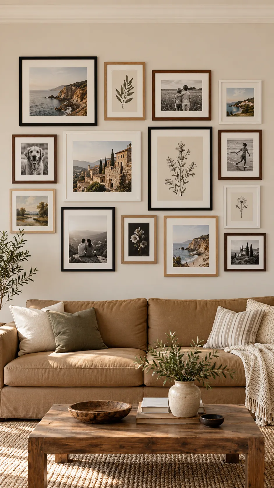 Black white and wood frames combined in a balanced gallery wall