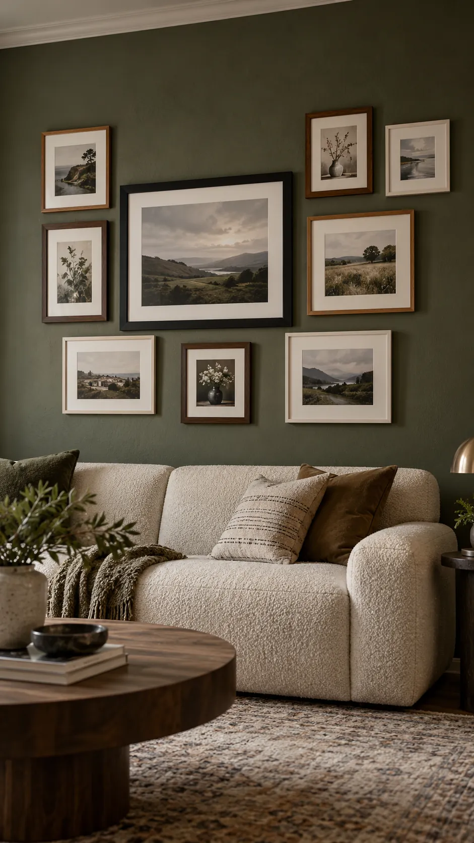 Mixed frame gallery wall with a central black anchor frame