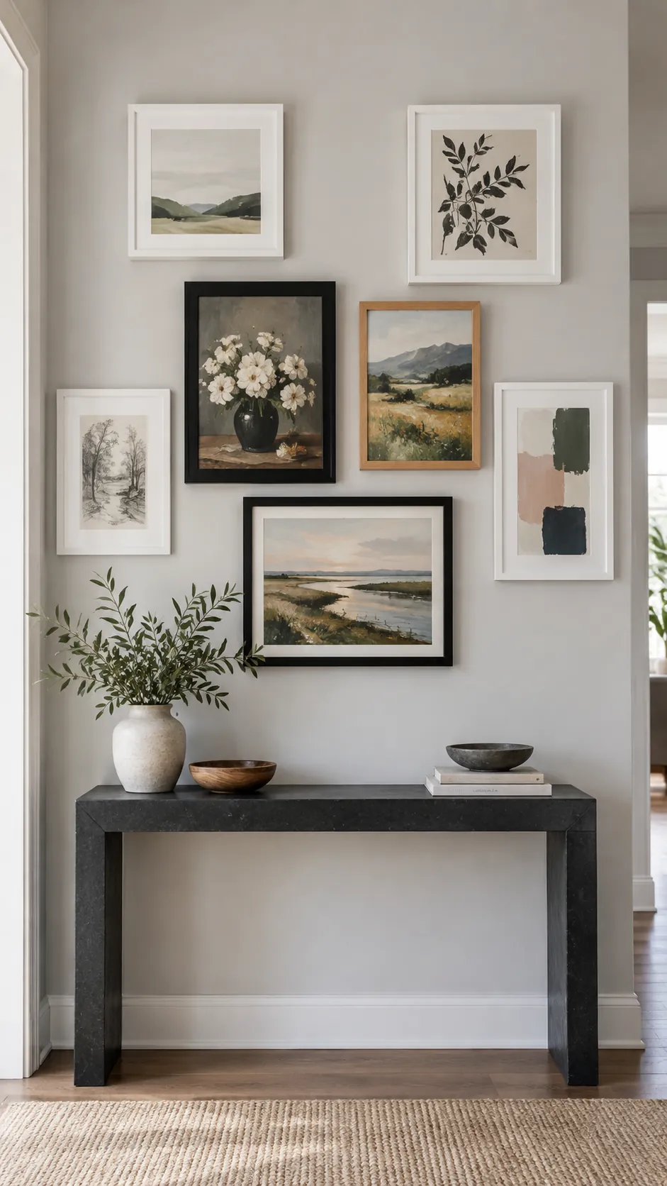 Gallery wall with white frames creating a light outer border