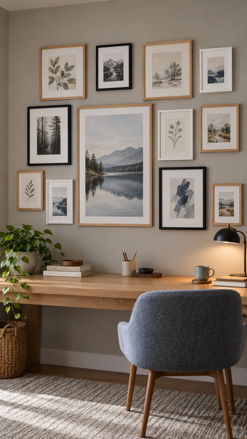 Balanced black white and wood frame color ratio
