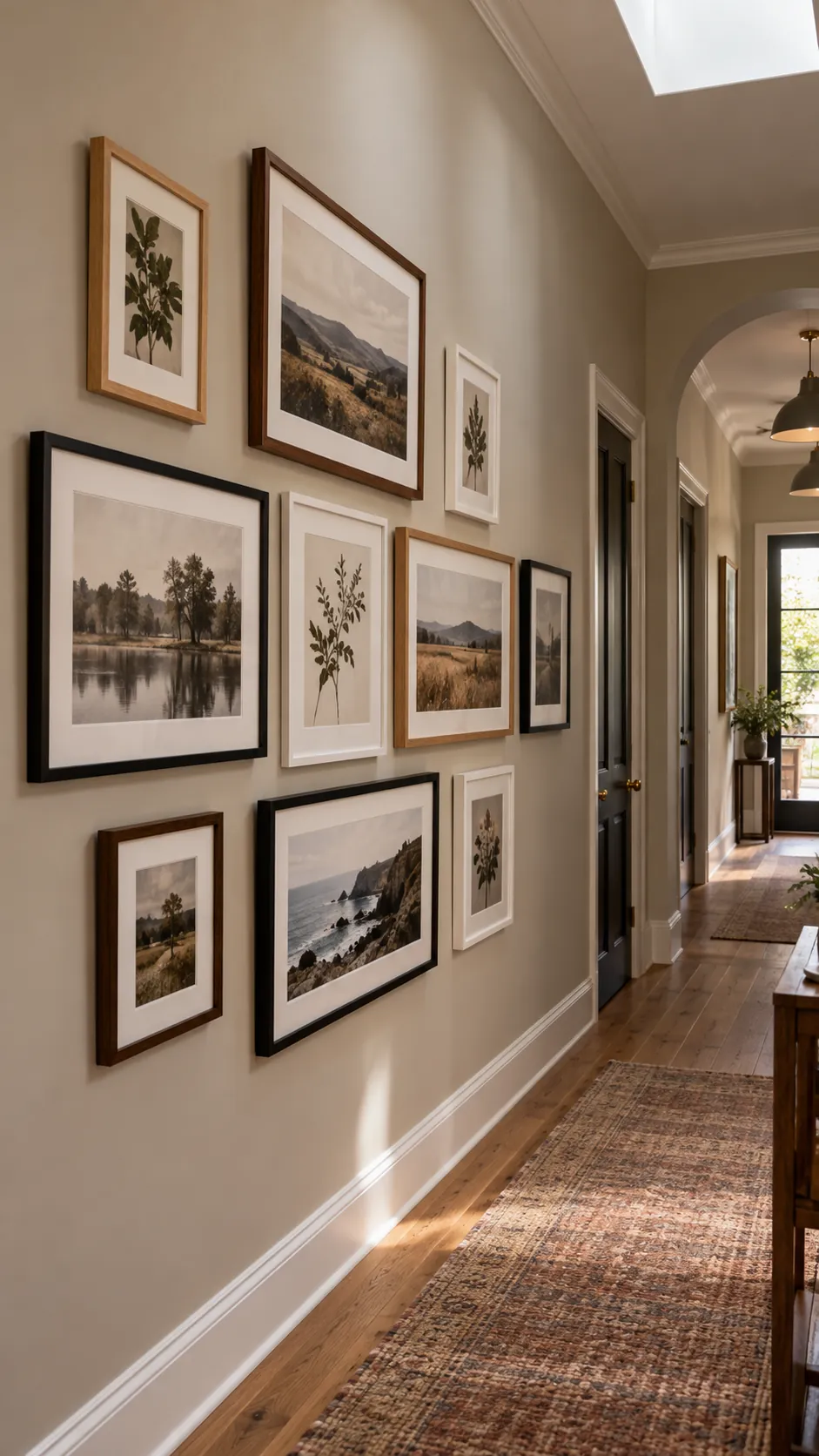 Black white and wood frames alternating through a gallery wall