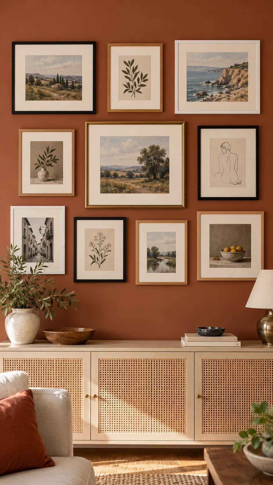 Mixed frame gallery wall unified by matching warm white mats
