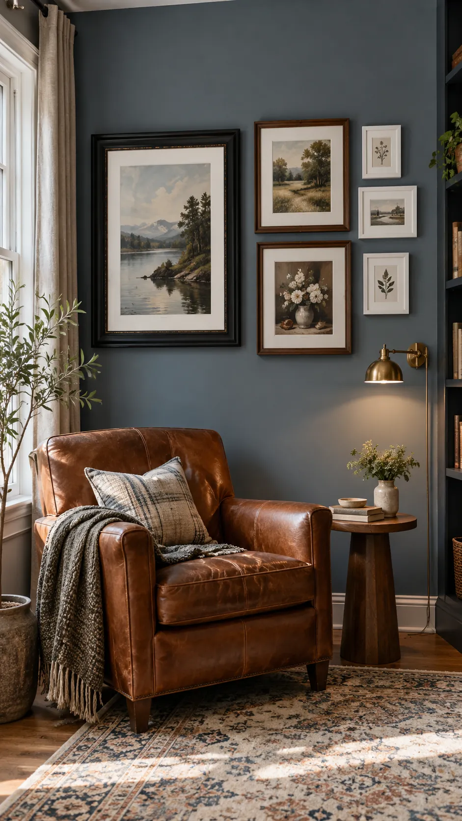Gallery wall balanced by visual weight across mixed frame finishes