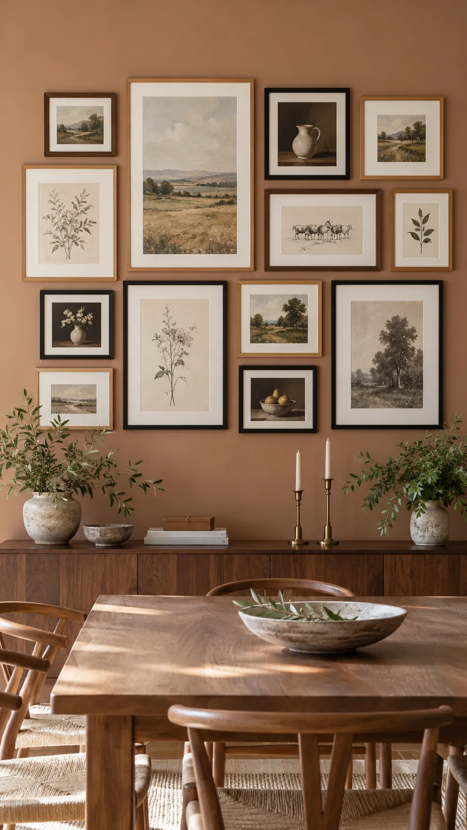 Eclectic gallery wall unified by consistent spacing