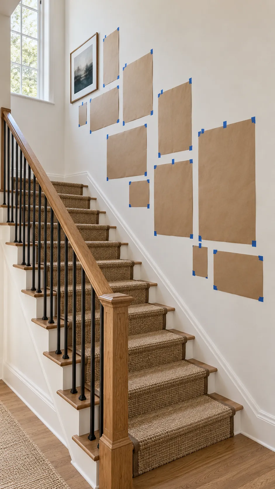 Staircase gallery wall planned with full size paper templates