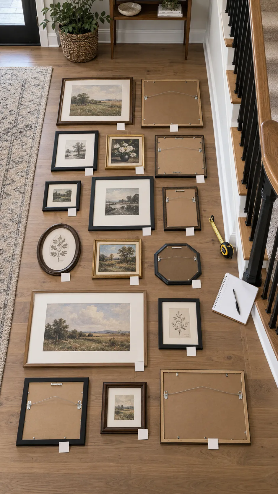 Picture frames measured and inventoried on the floor