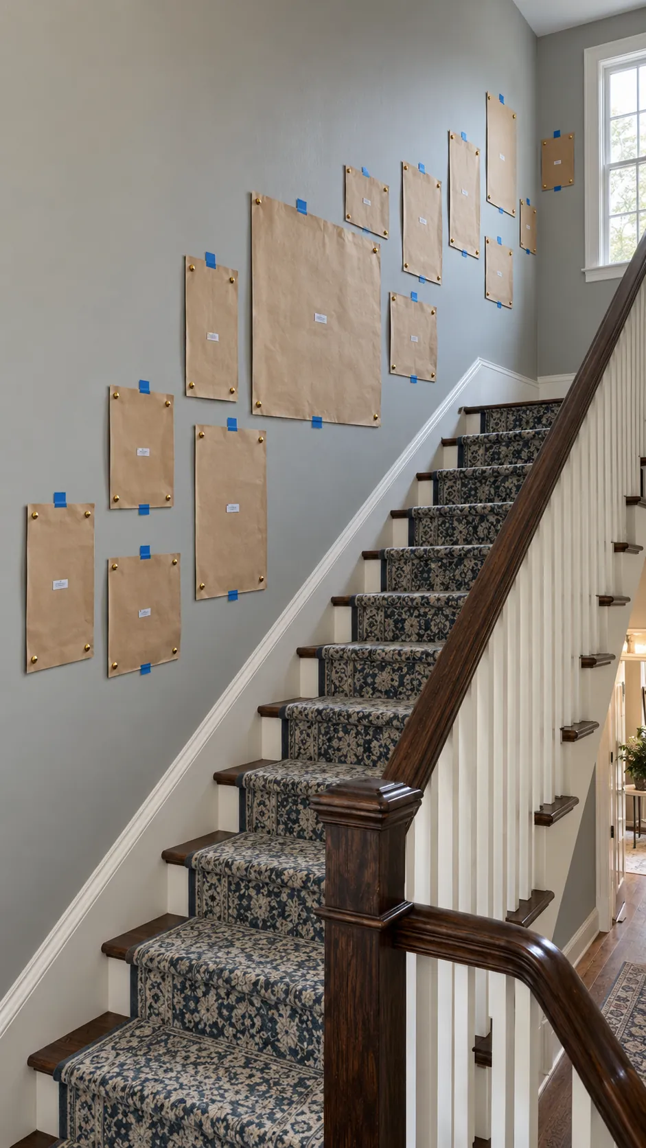 Full size paper frame templates arranged on a staircase wall