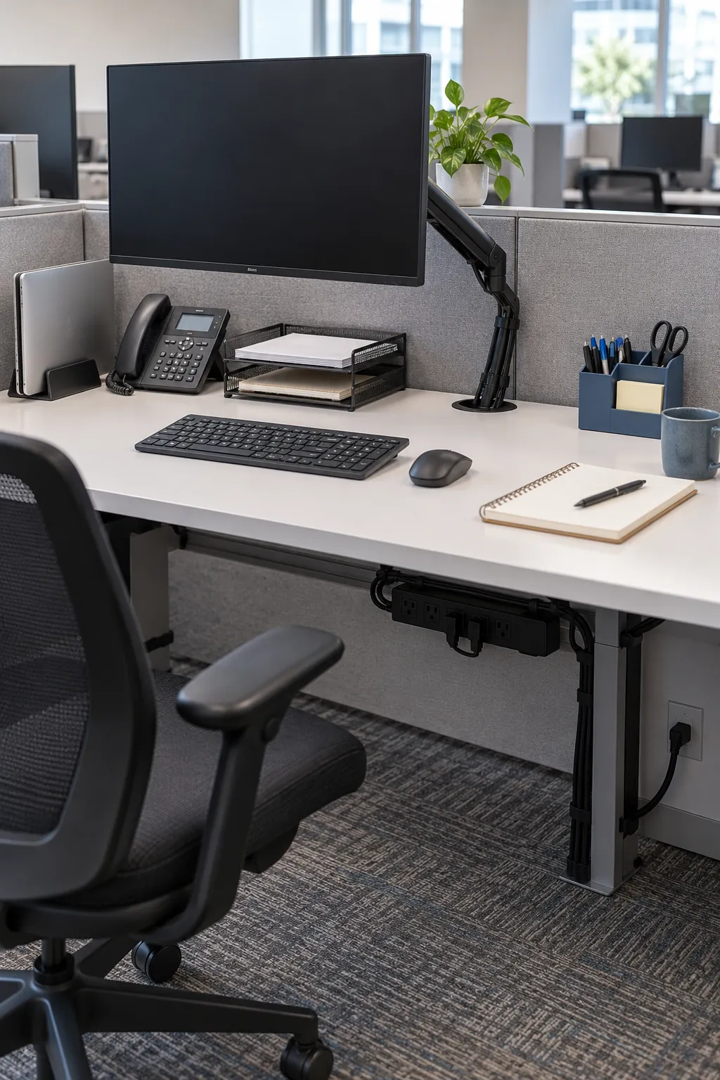 Clear small office desk with routed cables and compact supplies