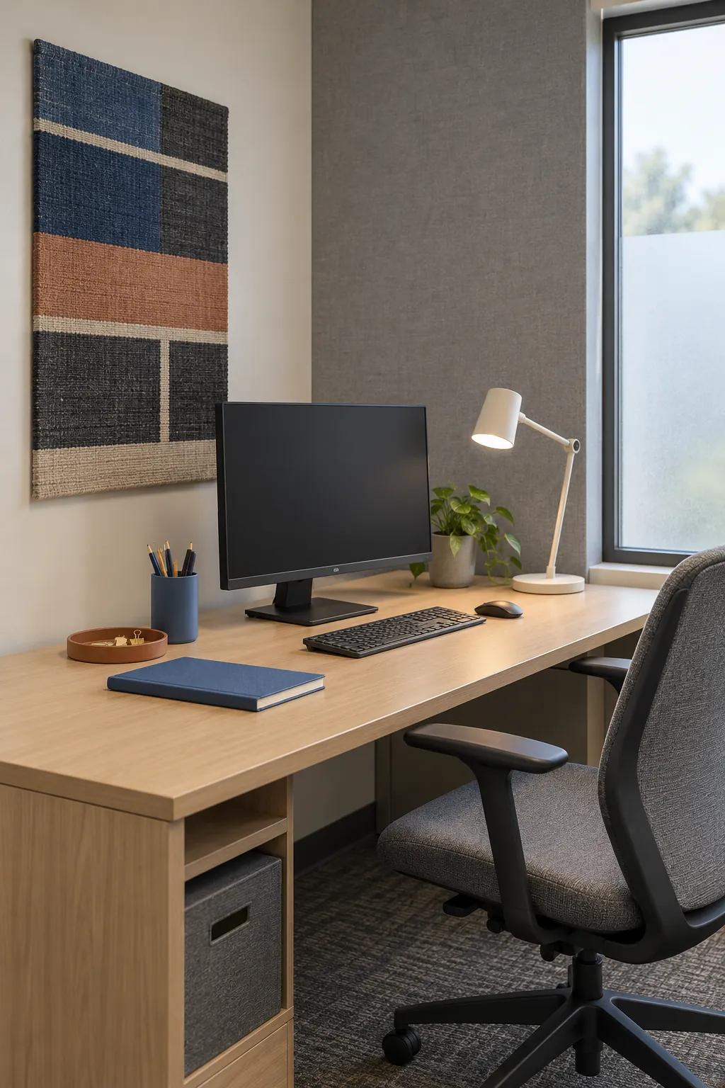 Professional small office with a calm blue and clay palette