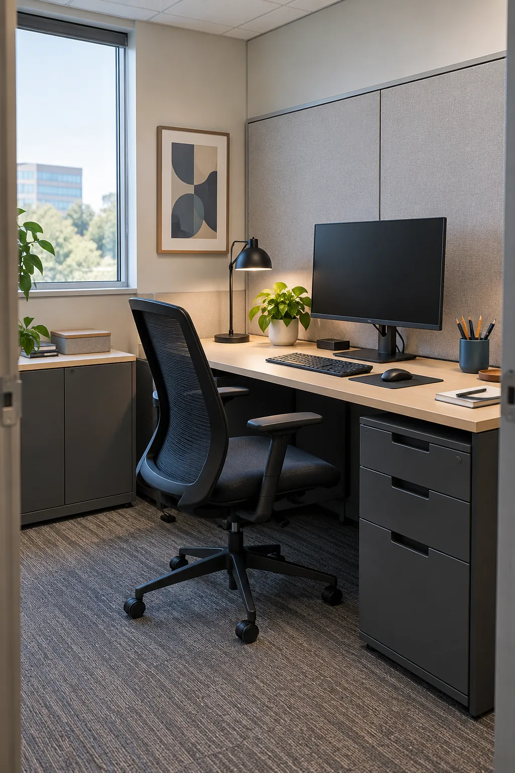Calm and professional decor in a small workplace office