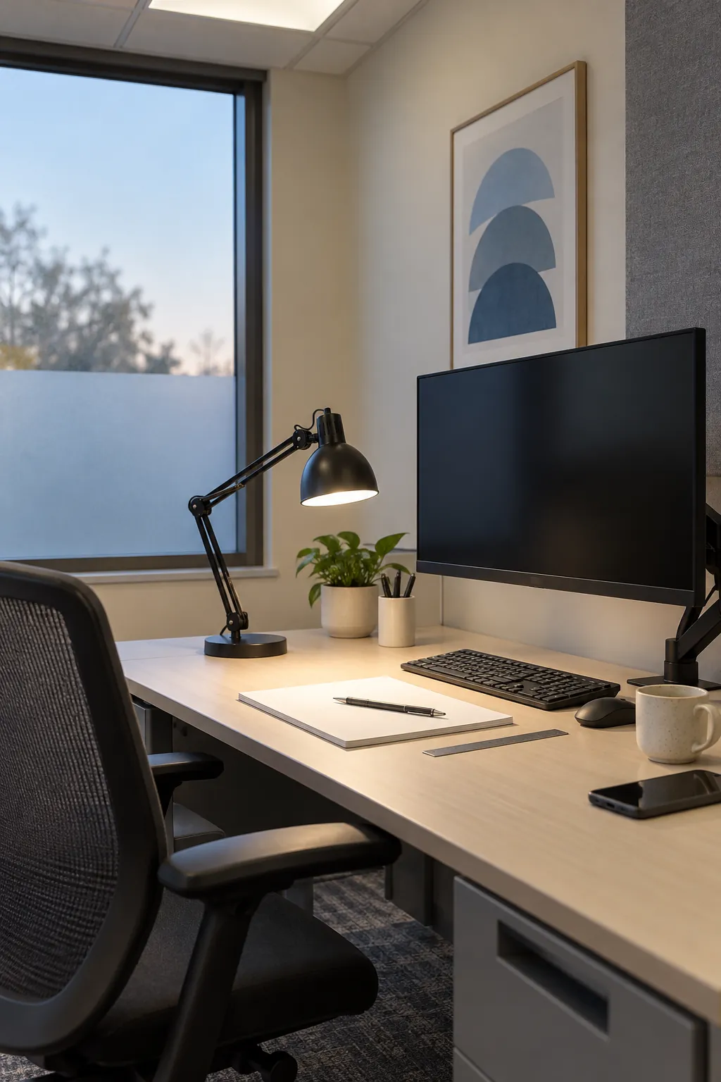 Compact task lamp lighting papers without monitor glare