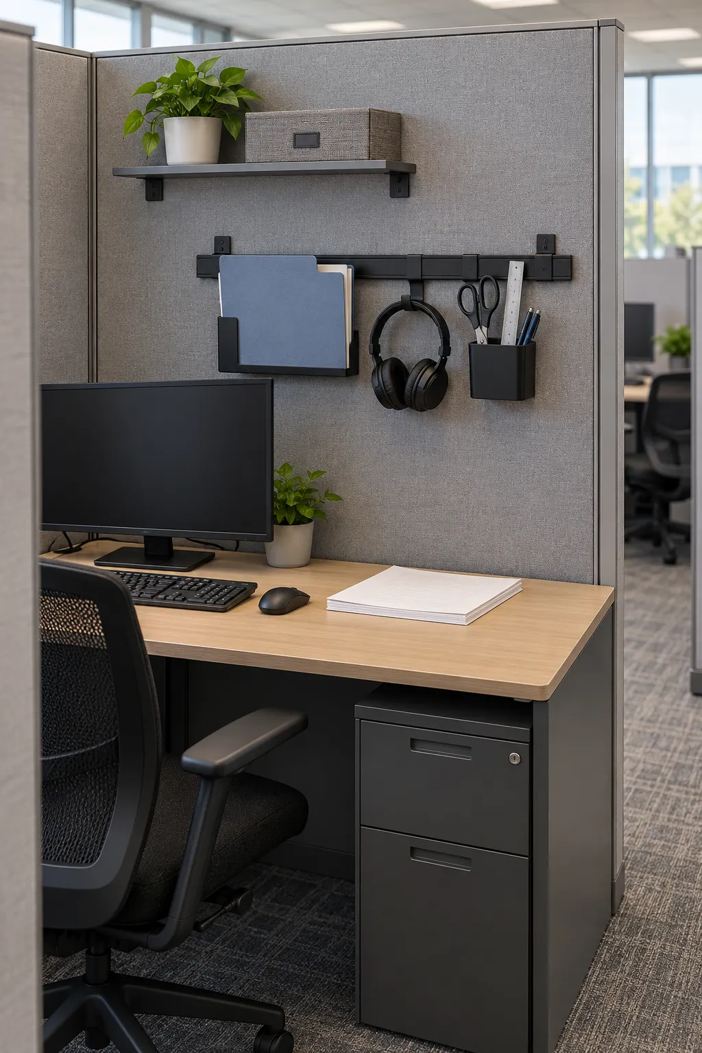 Selective vertical organizer above a compact work desk