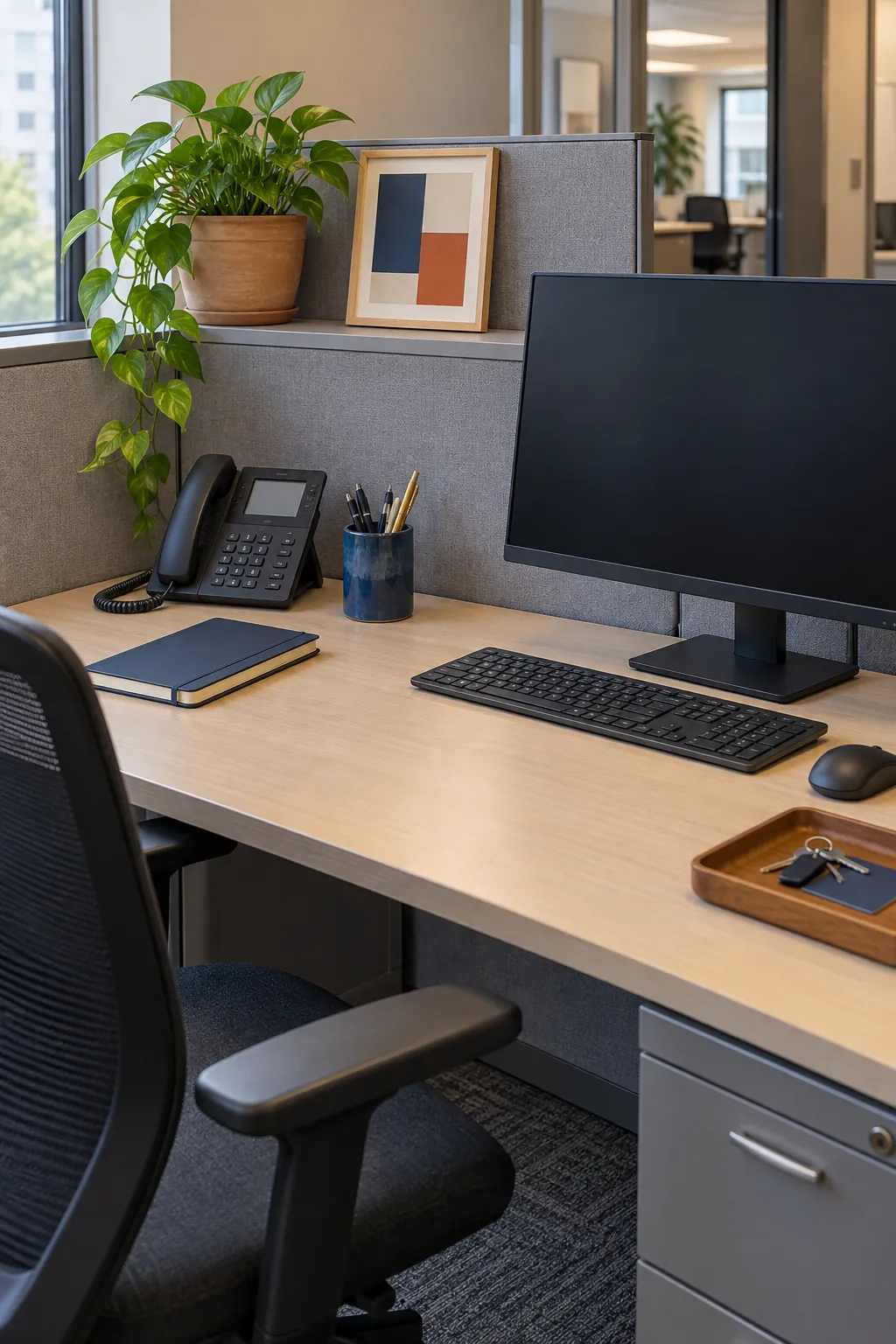 Small work office with one plant and restrained personal decor