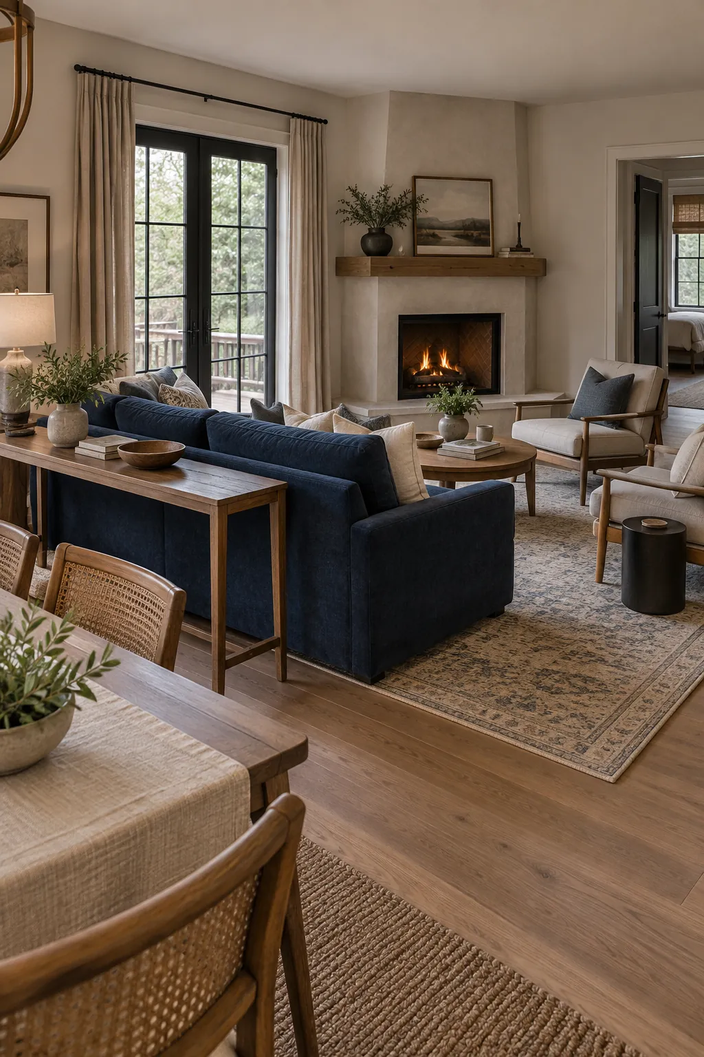 float the sofa to preserve a walkway in a corner fireplace living room