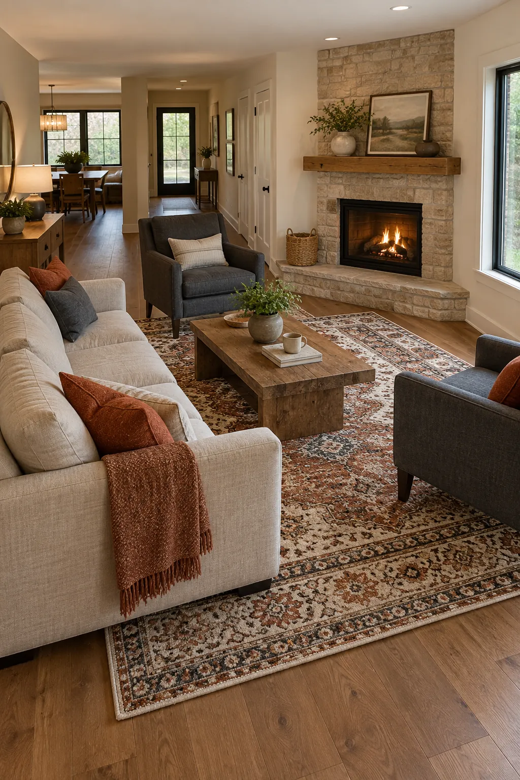 keep the rug square to the main seating in a corner fireplace living room