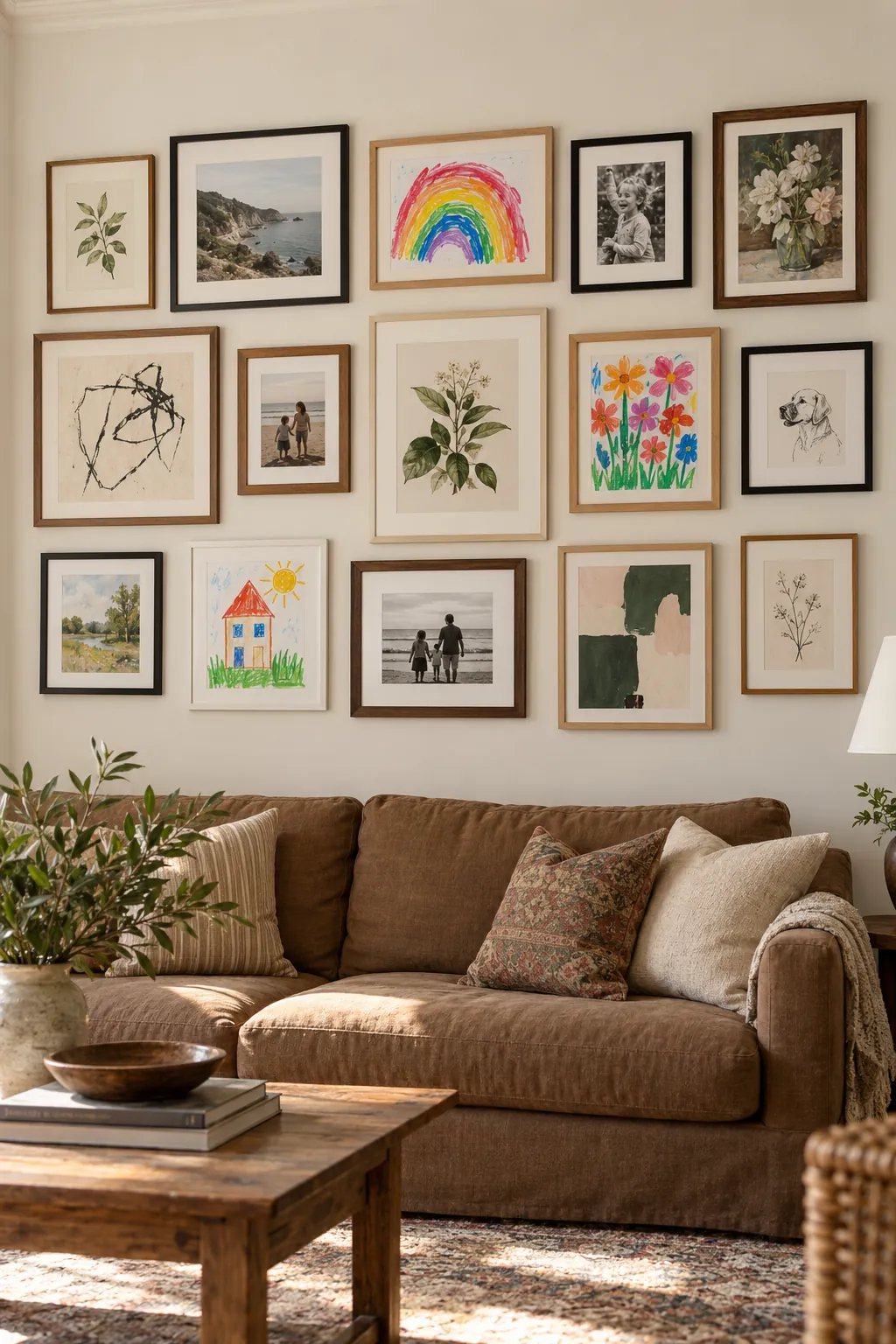 Children's artwork integrated into a sophisticated family gallery wall